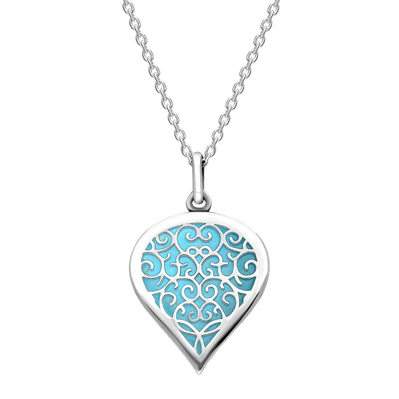 18ct White Gold Turquoise Flore Filigree Medium Heart Necklace