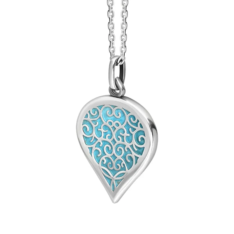 18ct White Gold Turquoise Flore Filigree Medium Heart Necklace