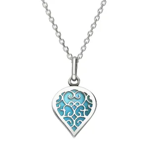 18ct White Gold Turquoise Flore Filigree Small Heart Necklace