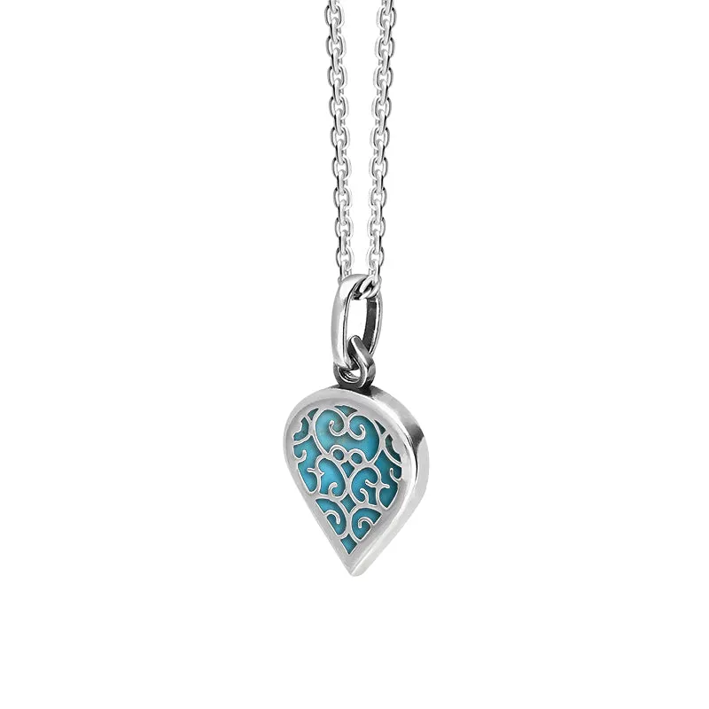 18ct White Gold Turquoise Flore Filigree Small Heart Necklace