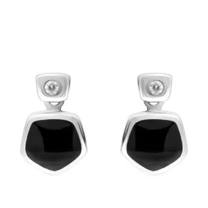 18ct White Gold Whitby Jet 0.06ct Diamond Hexagon Shaped Drop Earrings