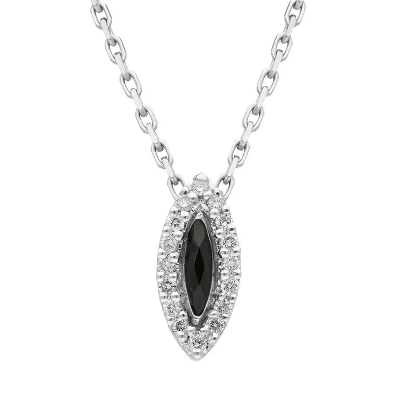 18ct White Gold Whitby Jet 0.09ct Diamond Marquise Necklace D
