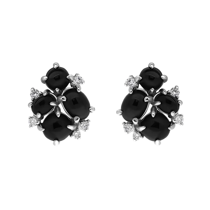 18ct White Gold Whitby Jet 0.13ct Diamond Four Stone Abstract Cluster Stud Earrings D