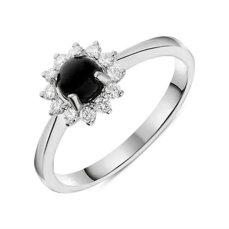 18ct White Gold Whitby Jet 0.18ct Diamond Round Cluster Ring