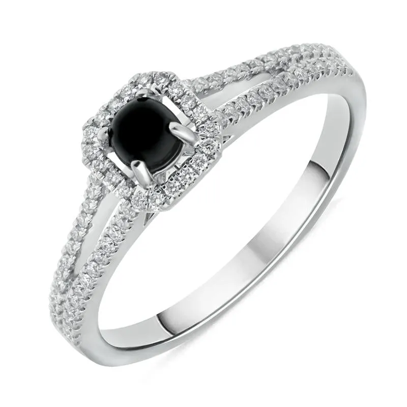 18ct White Gold Whitby Jet 0.21ct Diamond Cushion Split Shank Ring