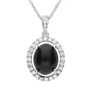 18ct White Gold Whitby Jet 0.28ct Diamond Oval Claw Set Necklace
