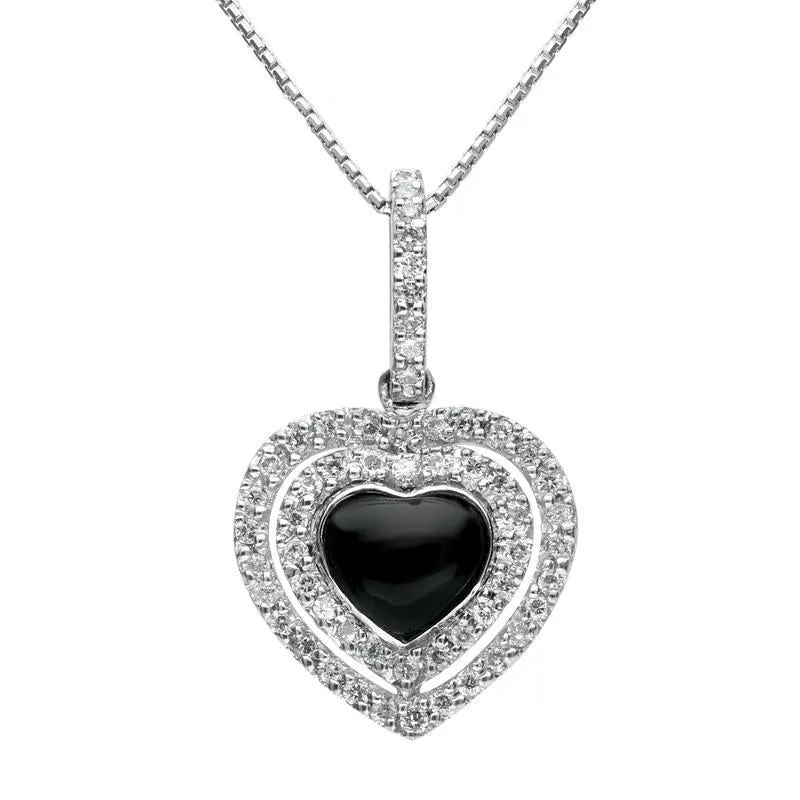 18ct White Gold Whitby Jet 0.30ct Diamond Heart Necklace D