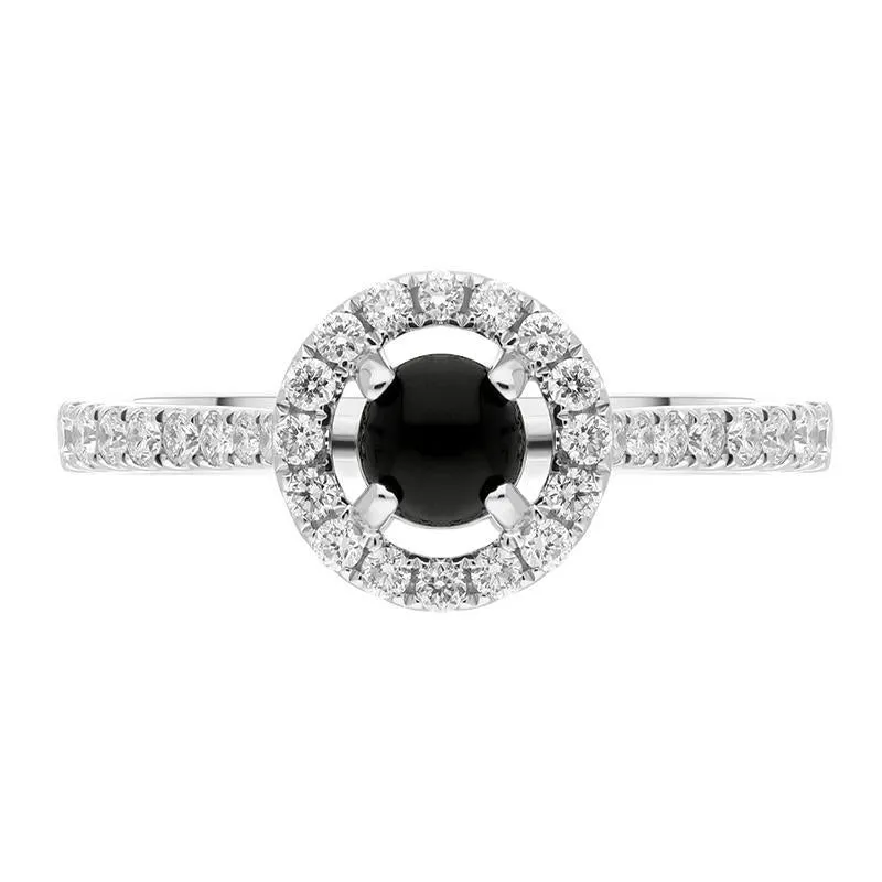 18ct White Gold Whitby Jet 0.33ct Diamond Round Halo Ring