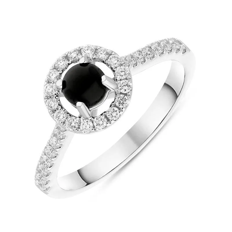 18ct White Gold Whitby Jet 0.33ct Diamond Round Halo Ring