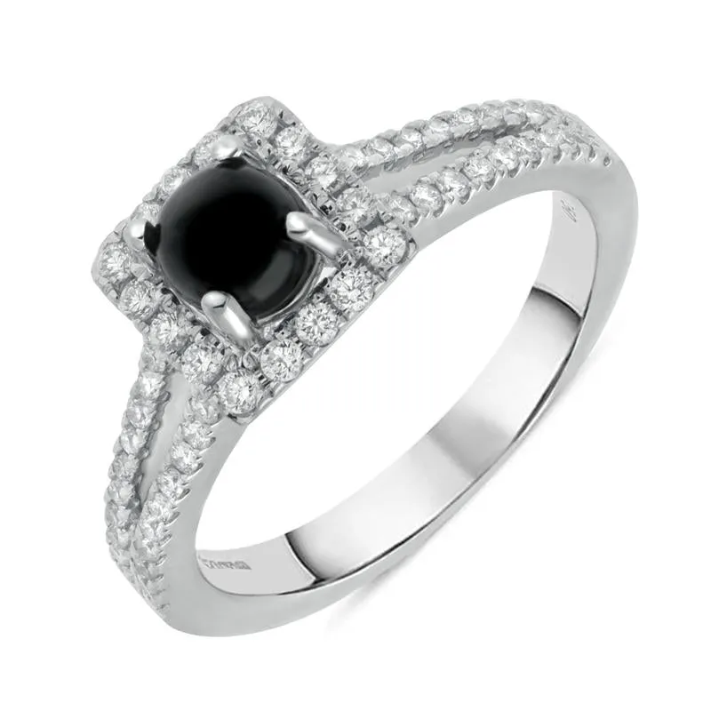 18ct White Gold Whitby Jet 0.38ct Diamond Cushion Split Shank Ring