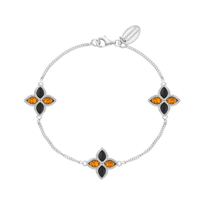 18ct White Gold Whitby Jet And Amber Eden Marquise Flower Bracelet