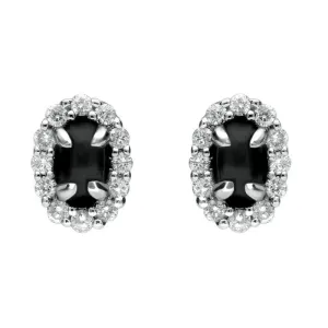 18ct White Gold Whitby Jet and Diamond Oval Stud Earrings
