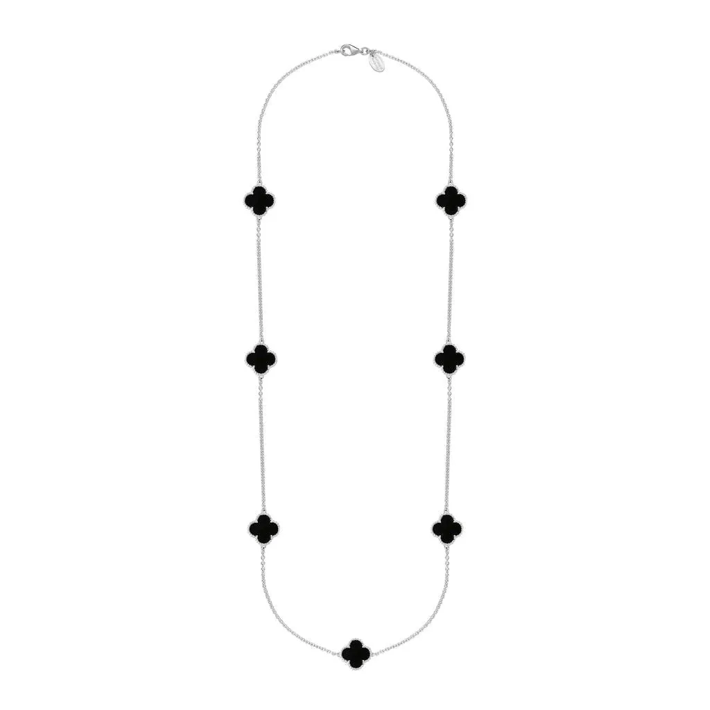 18ct White Gold Whitby Jet Bloom Four Leaf Clover Ball Edge Long Necklace
