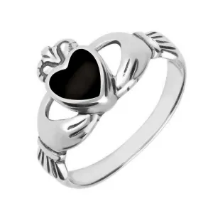 18ct White Gold Whitby Jet Claddagh Set Ring