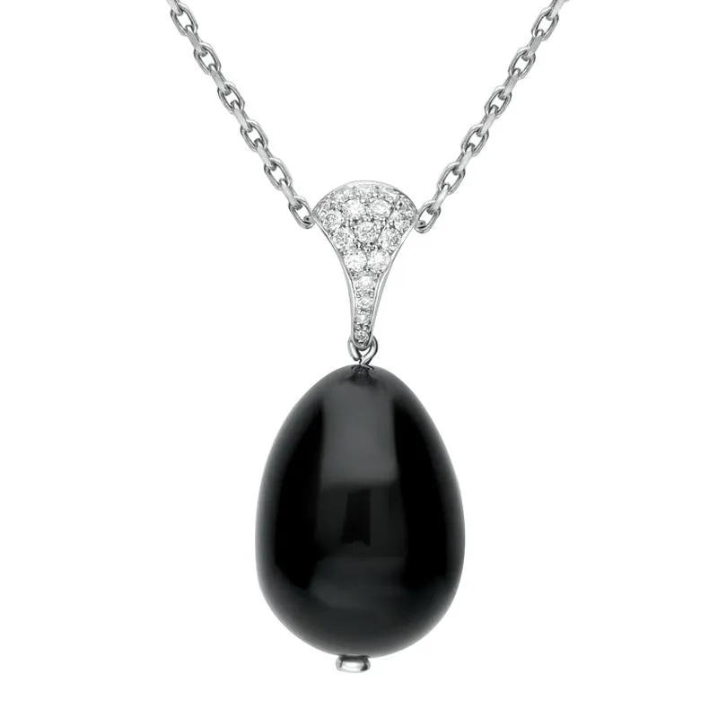 18ct White Gold Whitby Jet Diamond Egg Bead Pave Set Tapered Top Necklace