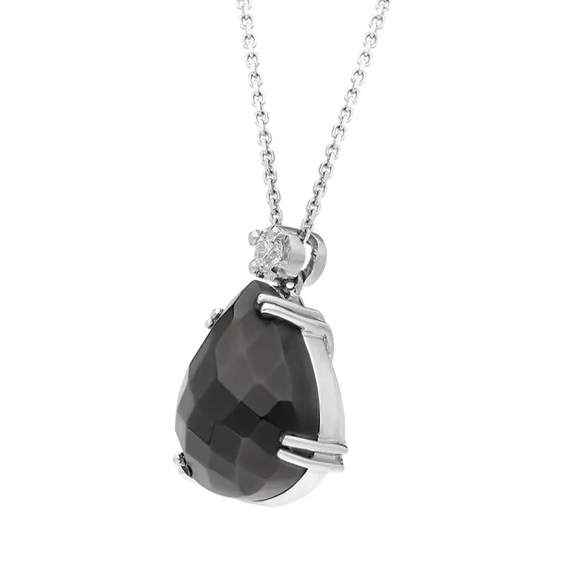 18ct White Gold Whitby Jet Diamond Faceted Small Pear Necklace