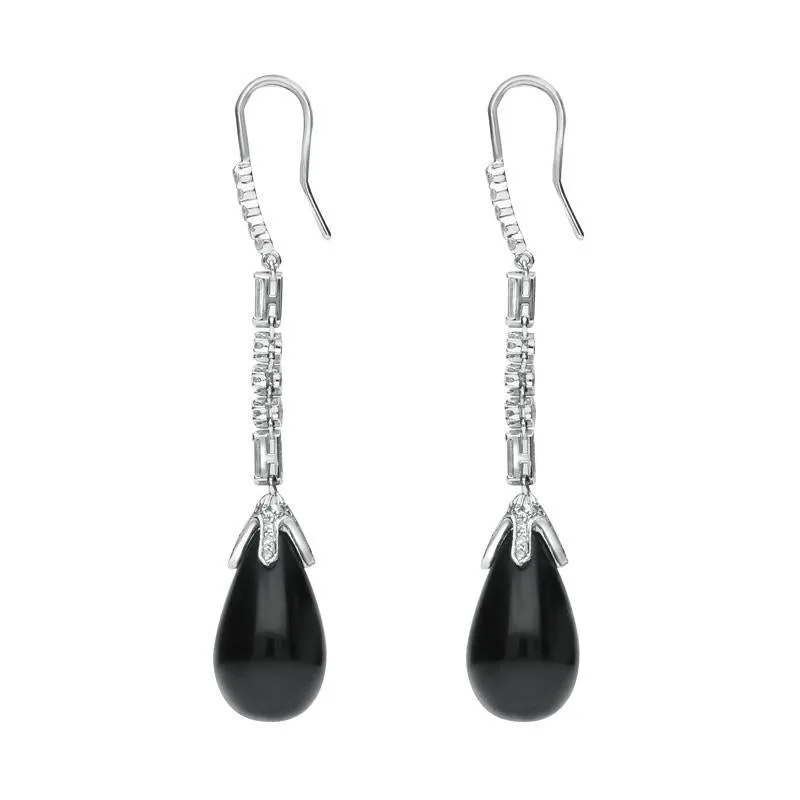 18ct White Gold Whitby Jet Diamond Pear Drop Earrings D