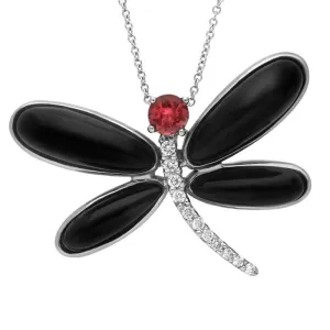 18ct White Gold Whitby Jet Diamond Rubellite Dragonfly Necklace