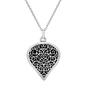 18ct White Gold Whitby Jet Flore Filigree Large Heart Necklace