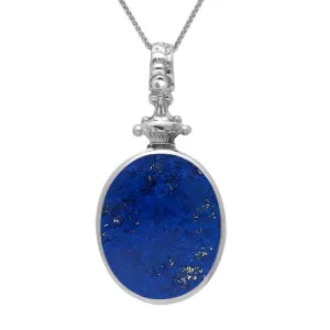 18ct White Gold Whitby Jet Lapis Lazuli Double Sided Oval Fob Necklace