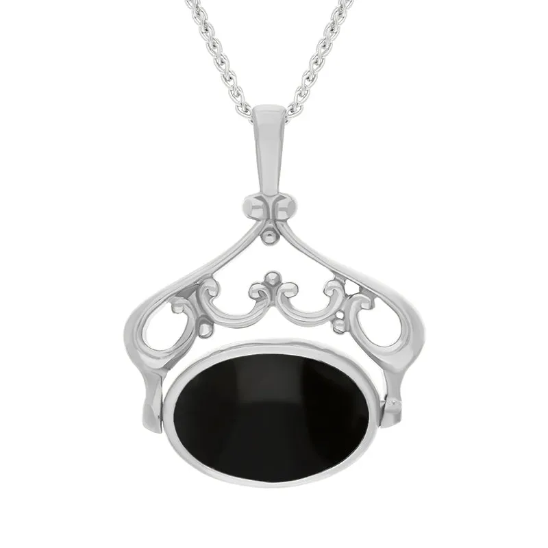 18ct White Gold Whitby Jet Lapis Lazuli Double Sided Oval Swivel Fob Necklace