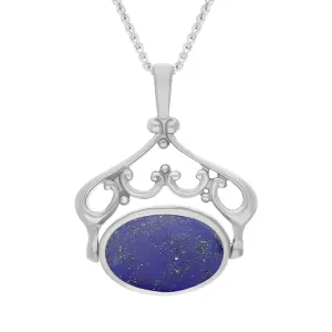 18ct White Gold Whitby Jet Lapis Lazuli Double Sided Oval Swivel Fob Necklace