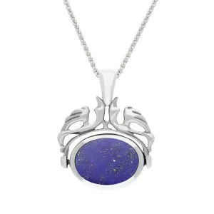 18ct White Gold Whitby Jet Lapis Lazuli Double Sided Oval Swivel Fob Necklace