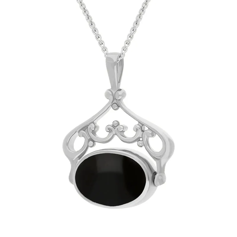18ct White Gold Whitby Jet Lapis Lazuli Double Sided Oval Swivel Fob Necklace