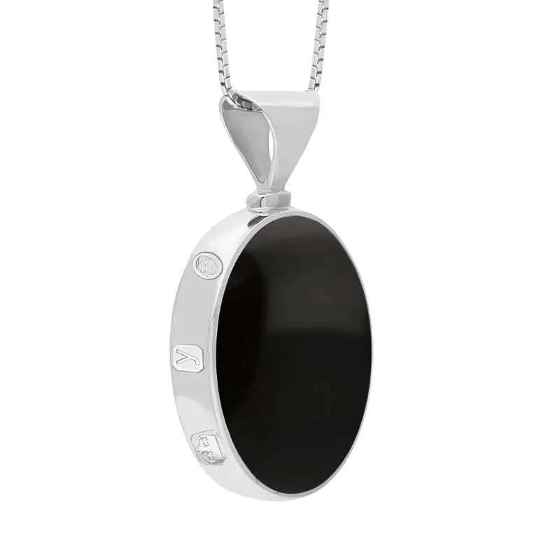 18ct White Gold Whitby Jet Malachite King's Coronation Hallmark Double Sided Oval Necklace D