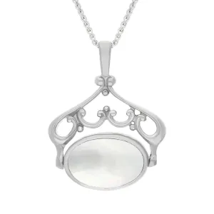 18ct White Gold Whitby Jet Mother Of Pearl Double Sided Oval Fob Necklace