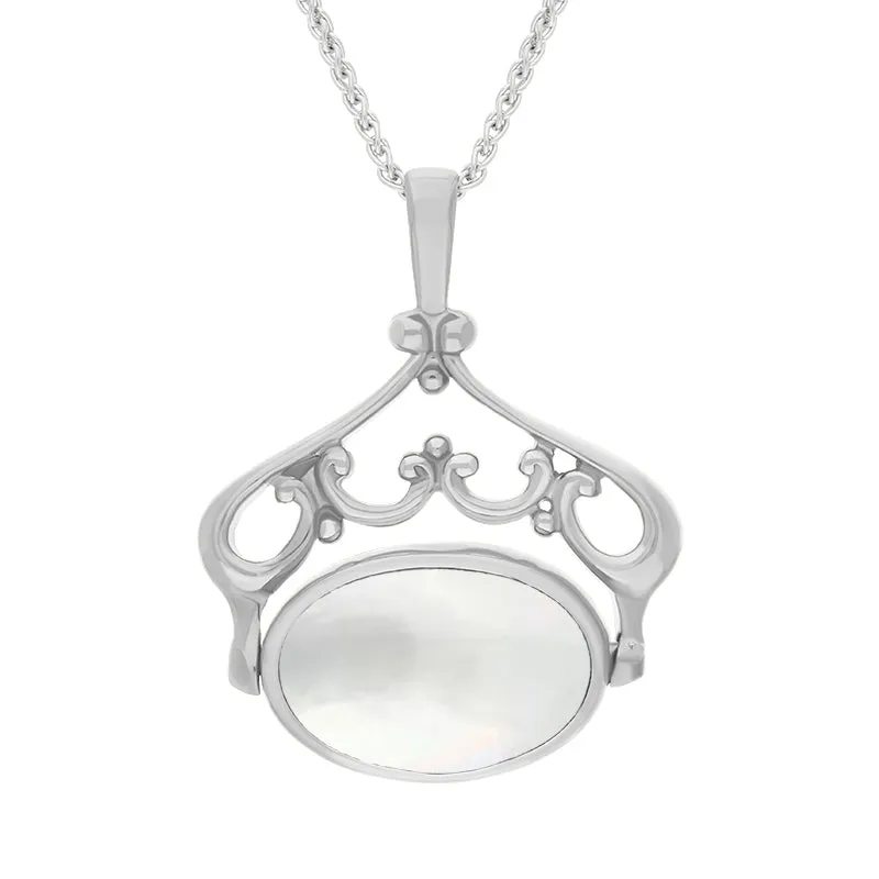 18ct White Gold Whitby Jet Mother Of Pearl Double Sided Oval Fob Necklace
