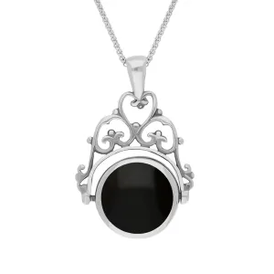 18ct White Gold Whitby Jet Mother Of Pearl Double Sided Round Fob Necklace