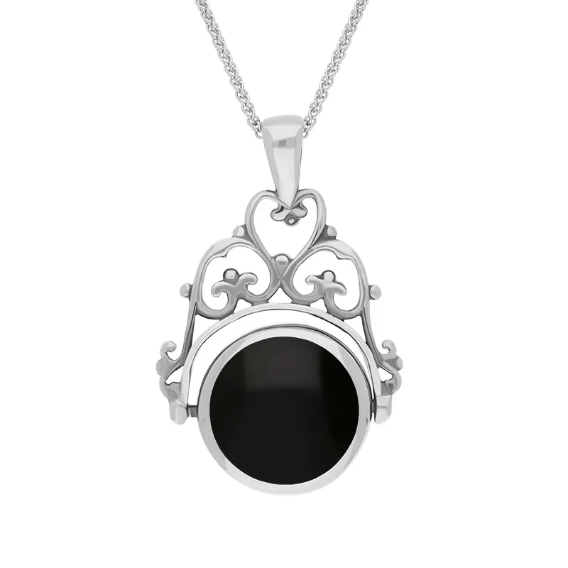 18ct White Gold Whitby Jet Mother Of Pearl Double Sided Round Fob Necklace
