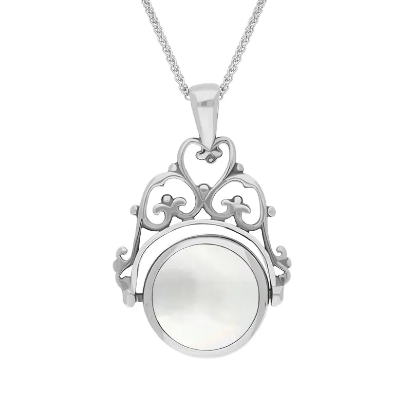 18ct White Gold Whitby Jet Mother Of Pearl Double Sided Round Fob Necklace