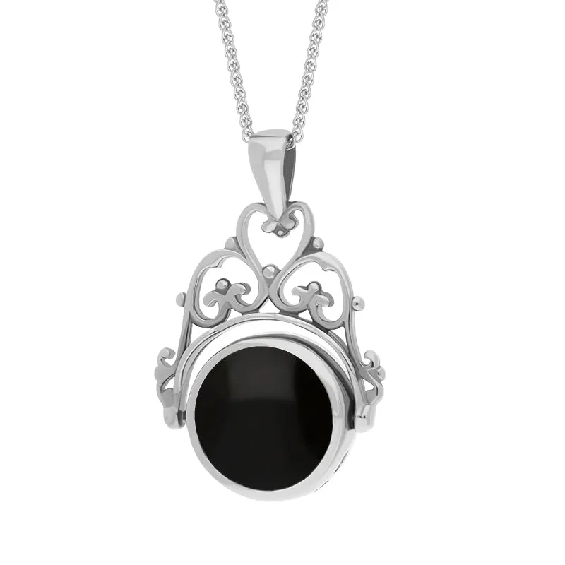 18ct White Gold Whitby Jet Mother Of Pearl Double Sided Round Fob Necklace