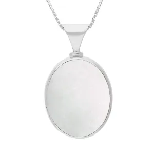 18ct White Gold Whitby Jet Mother of Pearl King's Coronation Hallmark Double Sided Oval Necklace D