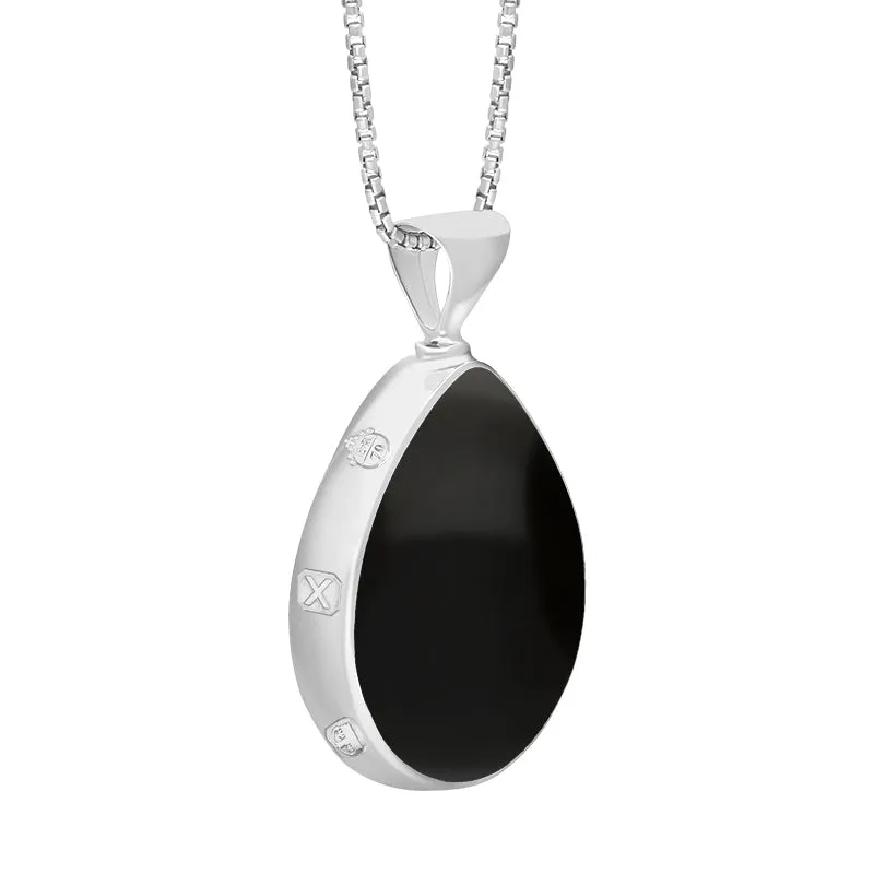 18ct White Gold Whitby Jet Mother of Pearl Queens Jubilee Hallmark Double Sided Pear-shaped Necklace D