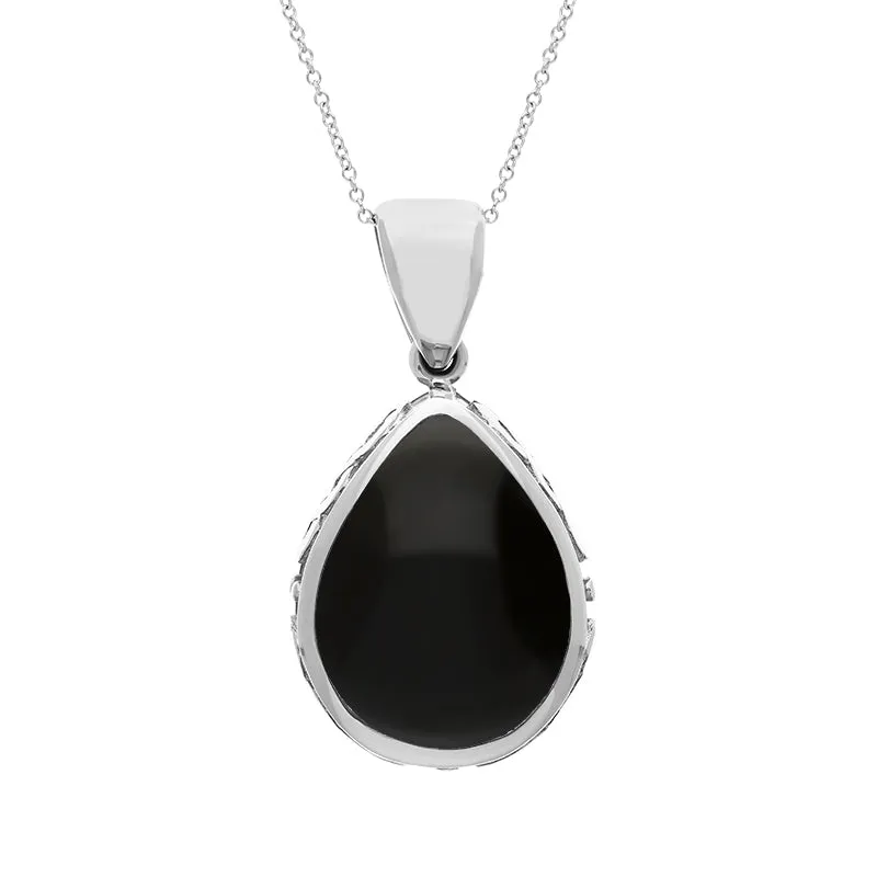 18ct White Gold Whitby Jet Turquoise Double Sided Celtic Pear Cut Fob Necklace