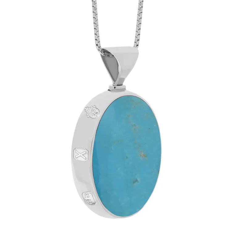 18ct White Gold Whitby Jet Turquoise Queens Jubilee Hallmark Double Sided Oval Necklace D