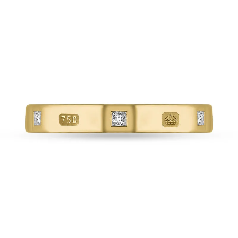 18ct Yellow Gold 0.09ct Diamond King's Coronation Hallmark Princess Cut 3mm Ring D