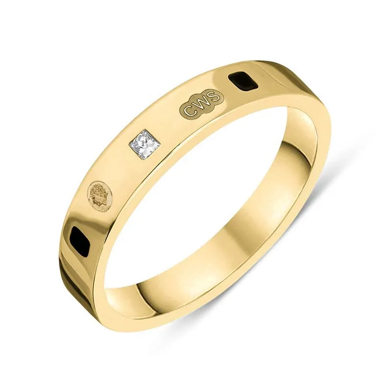 18ct Yellow Gold 0.09ct Diamond Whitby Jet King's Coronation Hallmark Princess Cut 4mm Ring D