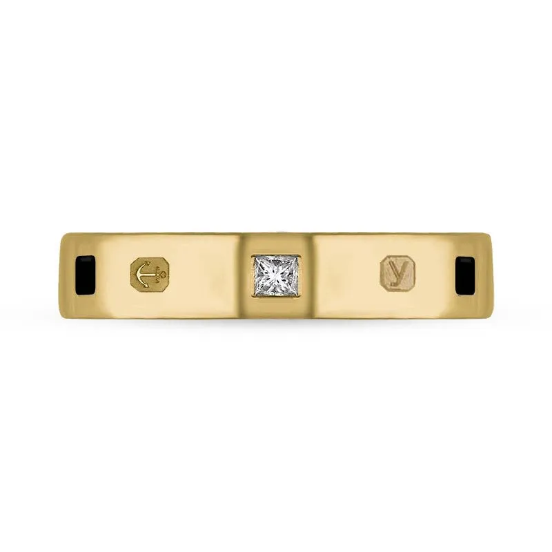 18ct Yellow Gold 0.09ct Diamond Whitby Jet King's Coronation Hallmark Princess Cut 4mm Ring D