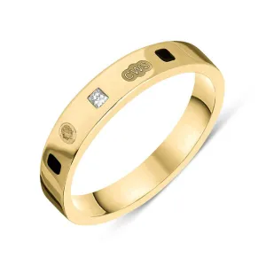 18ct Yellow Gold 0.09ct Diamond Whitby Jet King's Coronation Hallmark Princess Cut 4mm Ring D