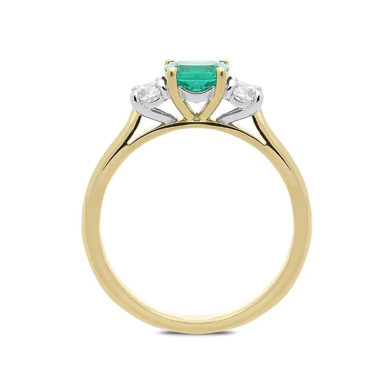 18ct Yellow Gold 0.65ct Emerald Diamond Cushion Trilogy Ring