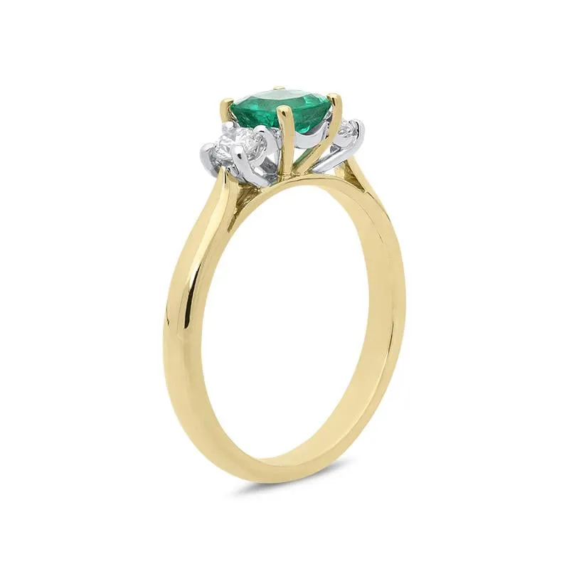 18ct Yellow Gold 0.65ct Emerald Diamond Cushion Trilogy Ring