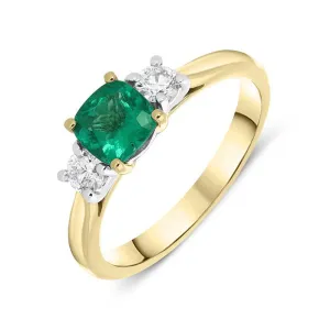 18ct Yellow Gold 0.65ct Emerald Diamond Cushion Trilogy Ring