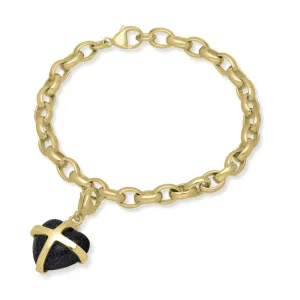 18ct Yellow Gold Blue Goldstone Medium Cross Heart Charm Bracelet
