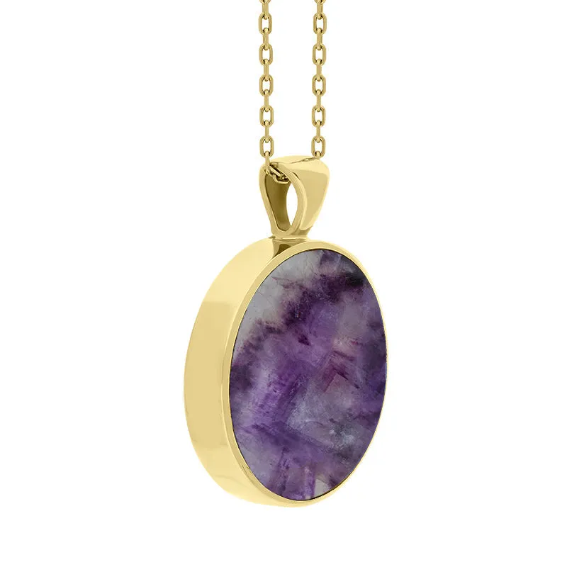 18ct Yellow Gold Blue John Mother Of Pearl Large Double Sided Round Fob Necklace