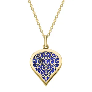 18ct Yellow Gold Lapis Lazuli Flore Filigree Medium Heart Necklace