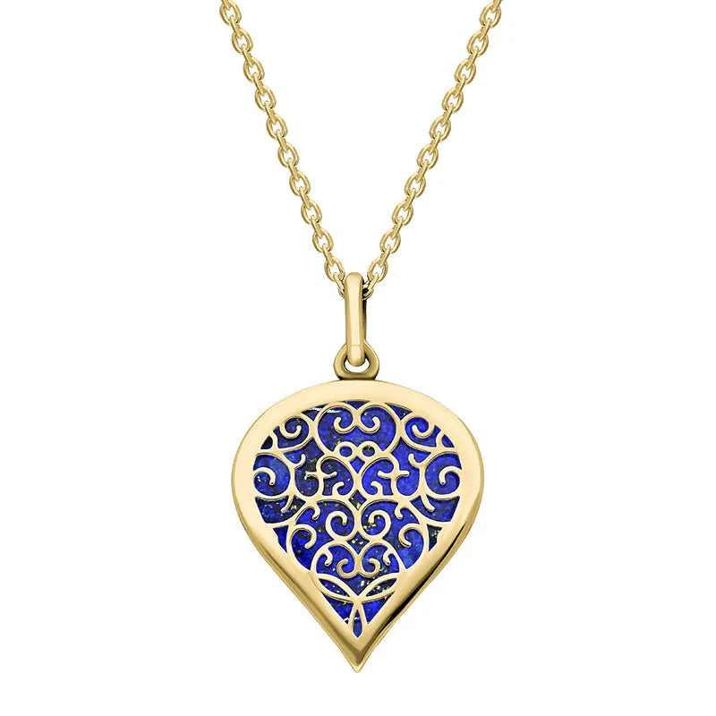 18ct Yellow Gold Lapis Lazuli Flore Filigree Medium Heart Necklace